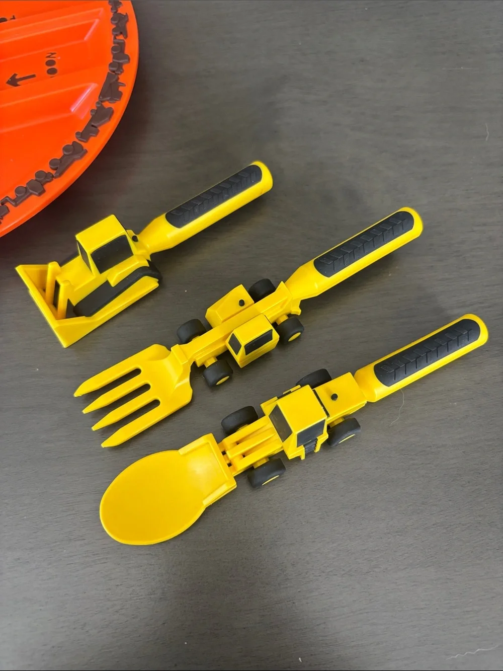 Constructive Eating Orange Divided Plate with Yellow Utensils